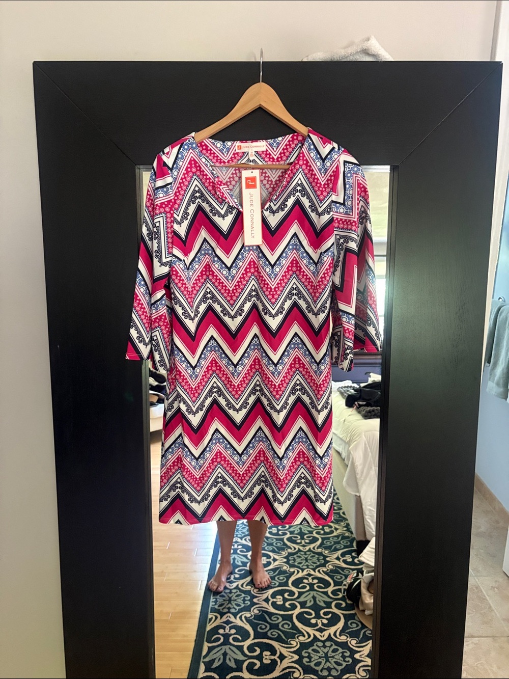 Jude Connally Pink Navy White Zigzag Long Sleeve Dress